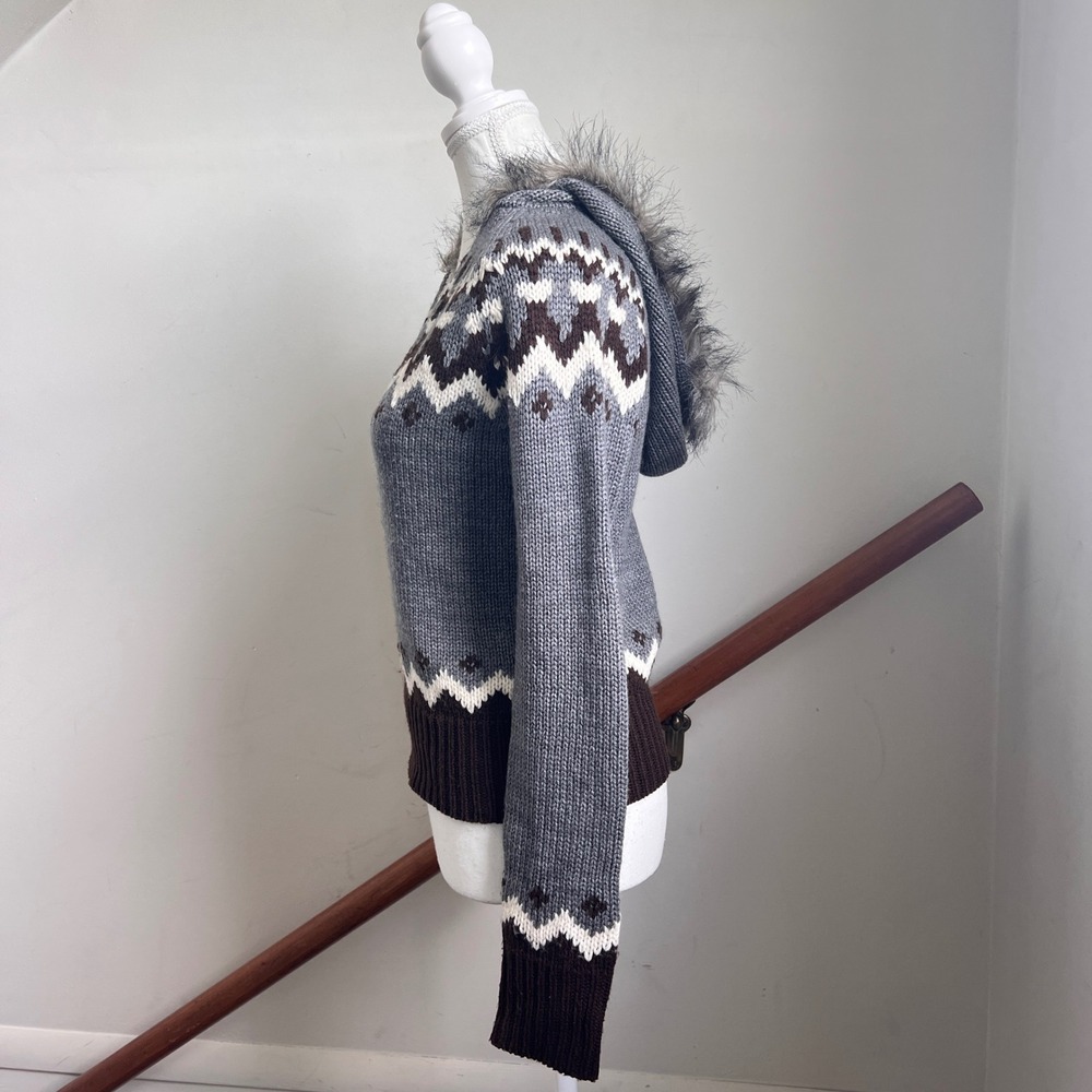 Vintage 90s Energie Fair Isle Faux Fur Hooded Sweater Grey Y2K Gorpcore Preppy - Picture 3 of 10